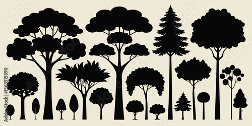 Collection of diverse black tree silhouettes with varied foliage and shapes isolated on white background