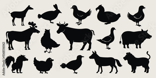 Collection of black farm animal silhouettes isolated on white background