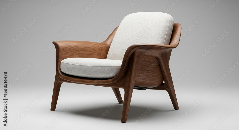 Fototapeta premium Modern armchair, light fabric upholstery, dark wood frame, showcasing elegant design, comfort and style for home decor