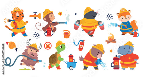 Fireman animals. Cute cartoon animal hold emergency hose and buckets, fire extinguisher, hydrant elements. Rescue team nowaday vector clipart
