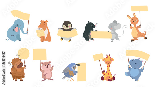Animals holding banners. Funny elephant, penguin, kangaroo, yal, giraffe with banner. Cute animalistic protesters, childish mascot nowaday vector set
