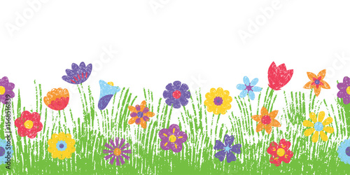 Crayon drawing meadow. Colored pencil green grass with blooming flowers, kids drawing style. Nature seamless pattern, garden neoteric vector design