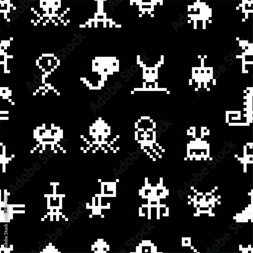 Pixel monsters seamless pattern. Arcade game 8 bit characters, white on black backdrop. Aliens ufo invaders, retro fabric print design, neoteric vector background