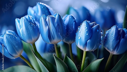 beautiful blue tulips with droplets fresh from rain in a soft and elegant arrangement in a serene setting