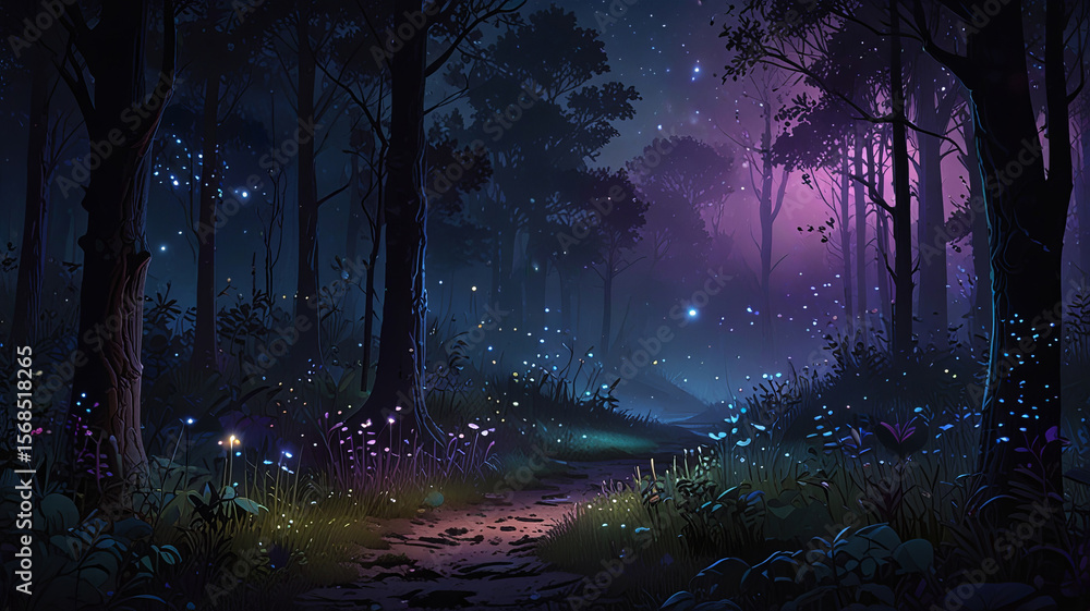 Fototapeta premium A glowing night forest with flying fireflies, purple and blue mist, and neon colors, evoking a fairy tale magical atmosphere.