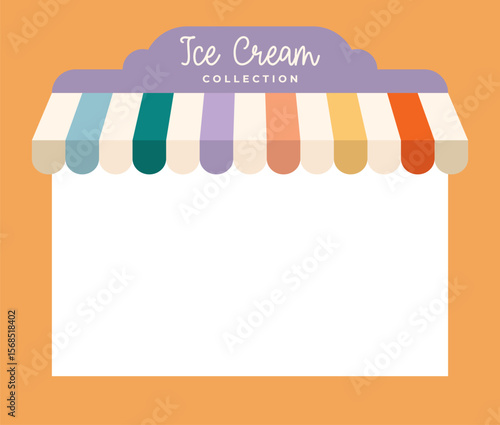 Ice cream menu template with striped rainbow colored kiosk awning, empty white text box, frame for advertising, signboard. Isolated retro summer background. Vector EPS10