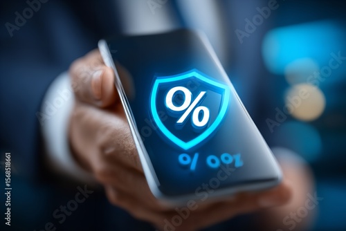 Wallpaper Mural Hand holding smartphone displaying security shield icon with percentage symbol in modern office environment Torontodigital.ca