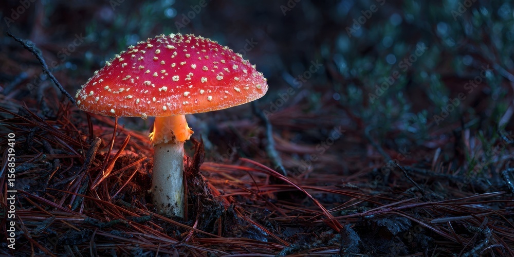Fototapeta premium Vivid Amanita Mushroom: A Colorful Autumn Display in Nature's Forest Wonderland