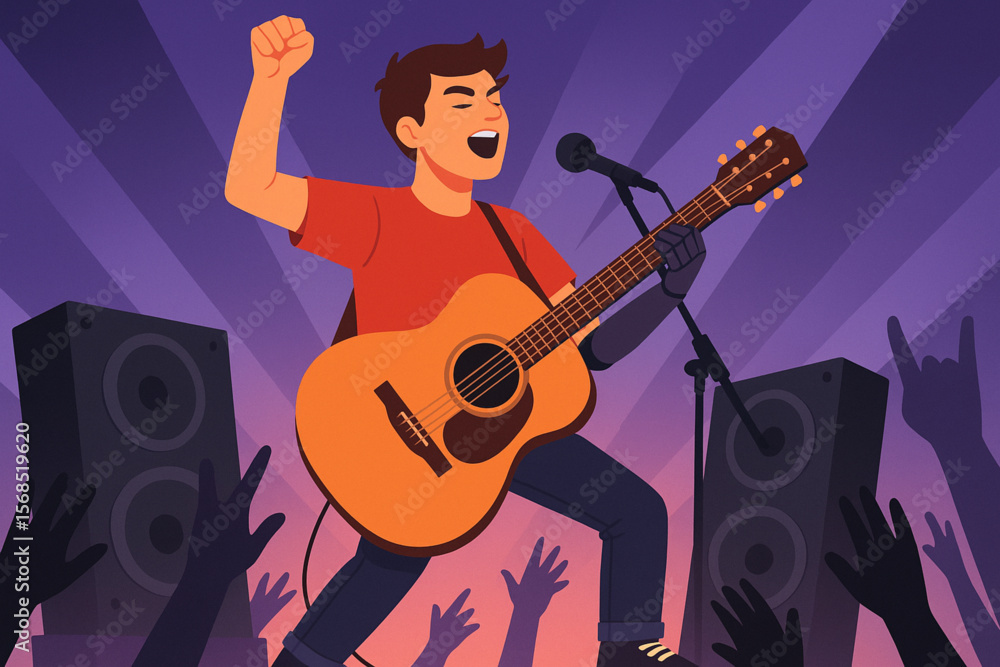 Obraz premium Young Man with Prosthetic Arm Playing Guitar on Stage Vector