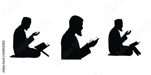 Three Men Reading and Praying in Different Positions, Islamic Dua Silhouette Pack on White Background
