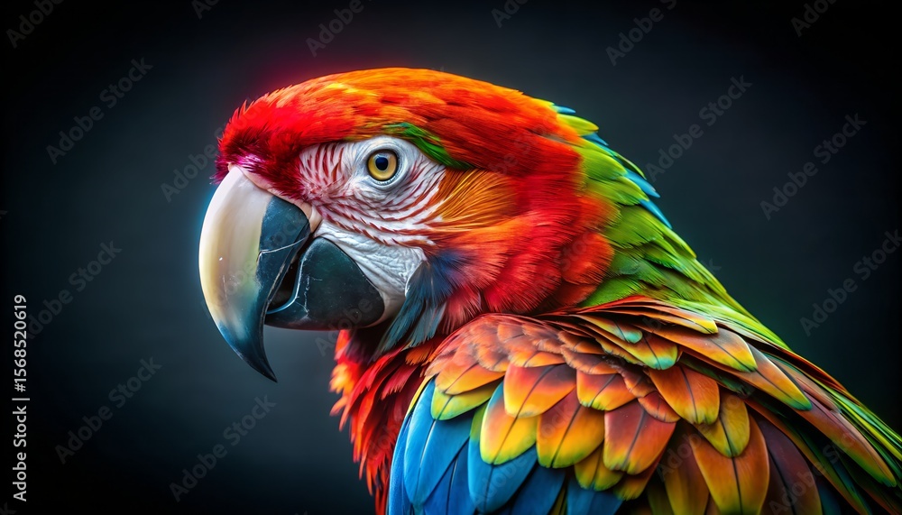 Obraz premium Photo of a closeup portrait of a vibrantly colored macaw parrot with detailed feathers and a dark background
