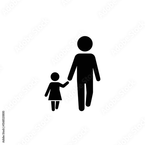 Silhouette of adult walking with child holding hands, vector icon
