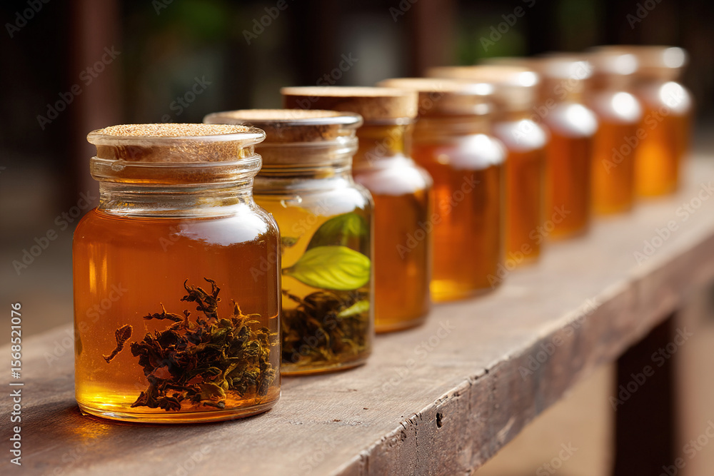 Infused tea in glass jars sealed with corks. Tea leaves inside the jars on a rustic wood shelf, offering a natural and artisanal aesthetic. Infused tea in glass jars sealed with corks. Tea leaves inside the jars on a rustic wood shelf, offering a natural and artisanal aesthetic.
