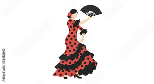 A vibrant flamenco dancer elegantly holds a fan, wearing a stunning red and black polka dot dress with intricate ruffles, capturing the essence of Spanish culture.