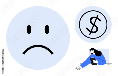 Sad face symbolizing discontent, dollar sign for money concerns, person reviewing documents for financial analysis. Ideal for finance, budgeting, debt, emotion, stress, money management simple