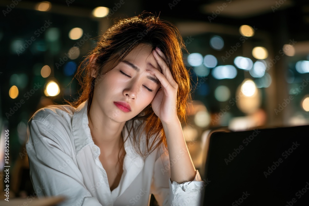 Obraz premium Overworked Asian Woman at Desk. Late Night Office Scene Capturing Stress and Fatigue