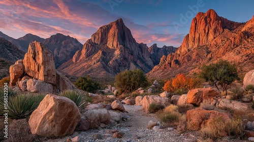   A picture of a mountain range surrounded by boulders and vegetation in the foreground and a vibrant pink sky in the backdrop