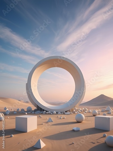 Abstract desert landscape with geometric shapes and a large ring art installation