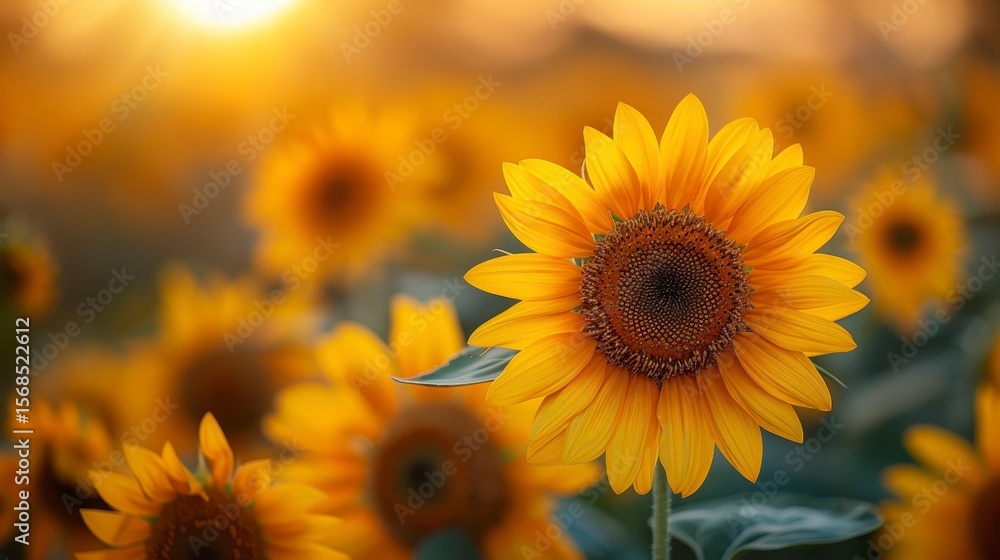 Obraz premium Sunflowers face the light in a sun-drenched field, blossoms in various focus