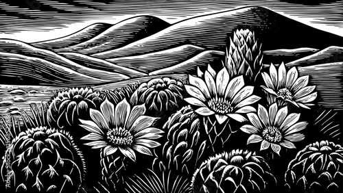 A close up landscape view of flowering cacti in a sunny desert valley with layered hills behind vector a black and white line art illustration