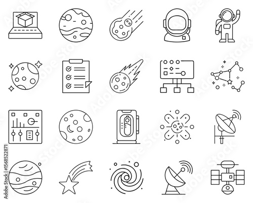 Space travel and exploration vector icon set featuring planets, astronauts, and celestial objects