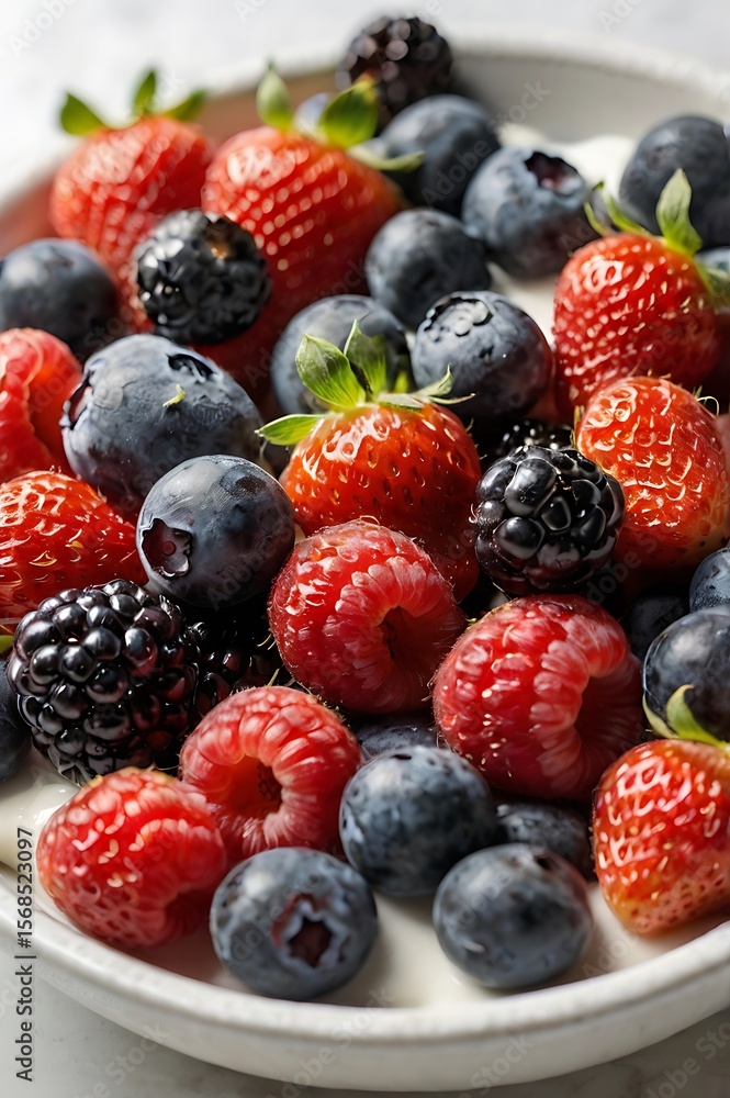 clean styled white yogurt with strawberry blueberry raspberry toppings in natural light 8K food image clean styled white yogurt with strawberry blueberry raspberry toppings in natural light 8K food image