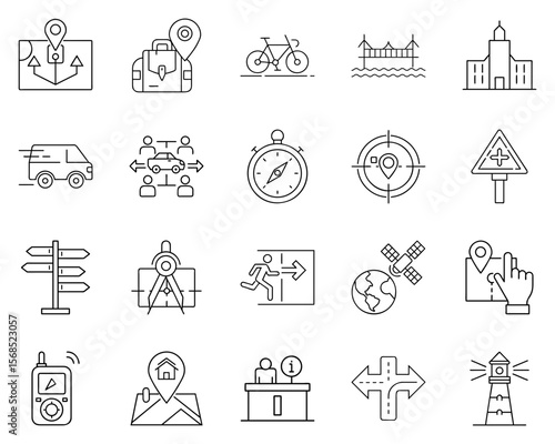 Navigation tools vector icon set featuring transportation and location symbols