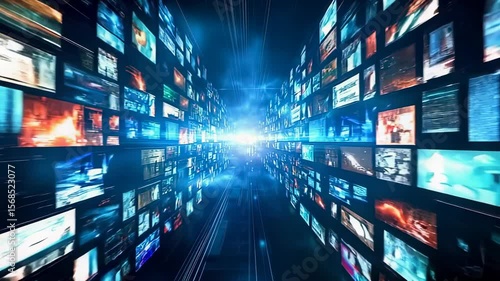 Abstract digital video wall with bright light, streaming media concept