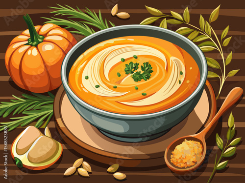vector of Warm pumpkin cream soup with thyme in a rustic bowl decorated on a rustic table.