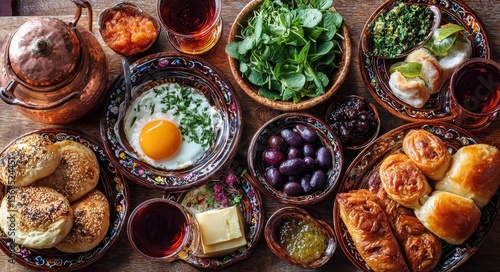 Traditional Middle Eastern Breakfast Spread: Fresh Pastries, Olives, Cheeses, and Fried Eggs - Top View of a Turkish Meal