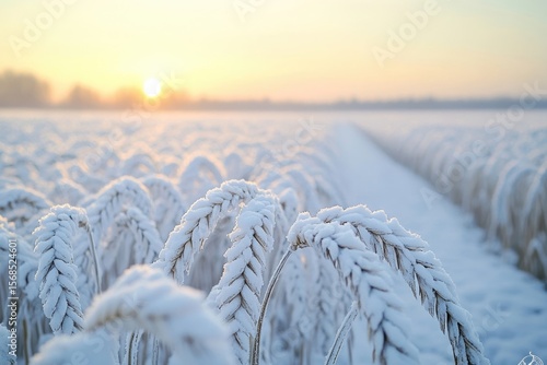 A serene winter landscape featuring snow-covered wheat fields under a pale, warm sunrise, creating a peaceful, frosty atmosphere.