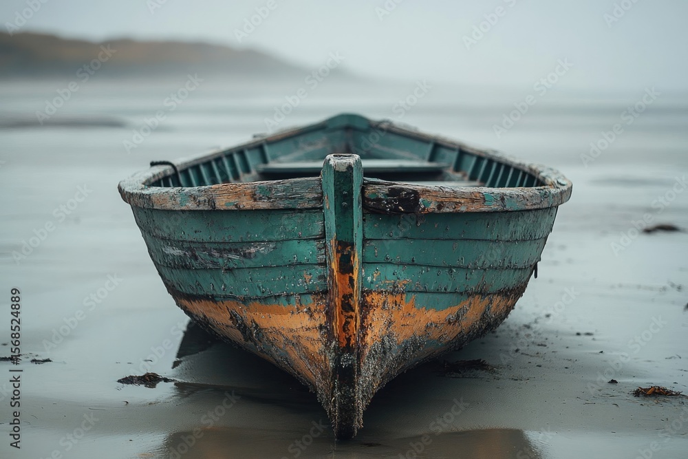 Weathered rowboat rests on a serene, misty beach, showcasing aged paint and quiet desolation in a minimalist coastal scene. Weathered rowboat rests on a serene, misty beach, showcasing aged paint and quiet desolation in a minimalist coastal scene.