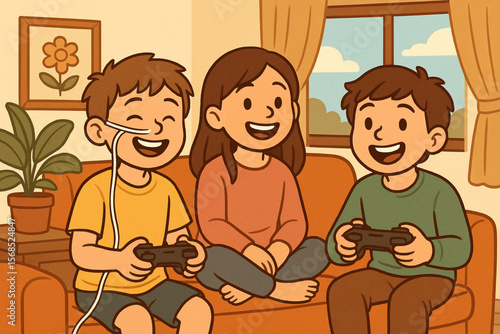 Happy Boy with Feeding Tube Playing Video Games with Siblings at Home Vector