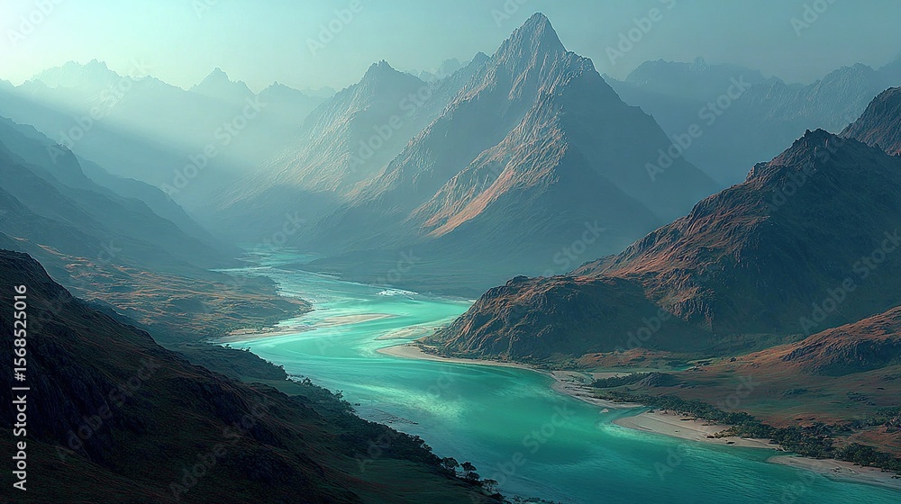 Obraz premium An aerial perspective showcases a mountain range adjacent to a river in the foreground and a backdrop of another mountain range