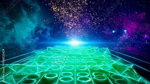 Abstract futuristic grid in space with glowing light, digital art