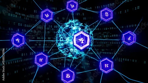 Futuristic Network Visualization with Glowing Hexagons and Digital Sphere