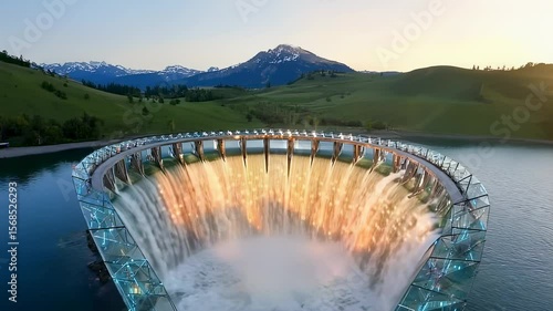 Spectacular spillway with water cascading into a lake surrounded by green hills and mountains at sunset