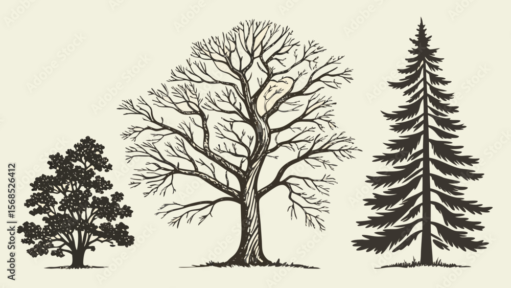 Fototapeta premium Tree Vector Collection — Nature Icons, Seasonal Trees, Line Art & Flat Styles for Eco Projects & Decor