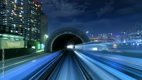 Futuristic motion blur view of a highway tunnel at night with city skyline