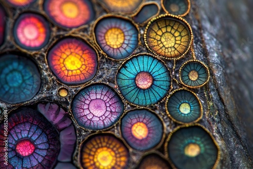 Wallpaper Mural A vibrant macro shot of colorful, organic cell-like structures interconnected with a golden, web-like matrix. Torontodigital.ca