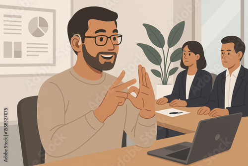 Man with Hearing Impairment Using Sign Language in Office Meeting Vector