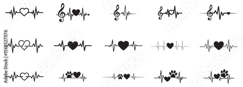 Heartbeat cardiogram with musical notes and paw prints electrocardiogram pulse