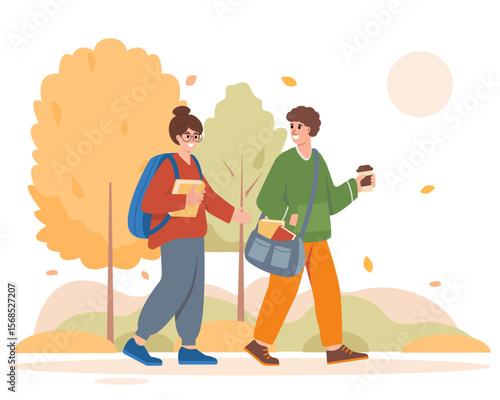 Young happy people in autumn park. Smiling teenage girls and boy, college and university student characters on white background. Education Vector illustration.