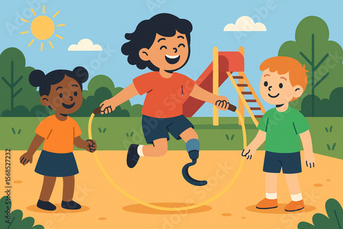 Smiling Child with Prosthetic Leg Jumping Rope with Friends on Playground Vector