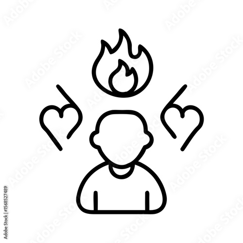 Person experiencing burnout with flames and hearts symbolizing stress  