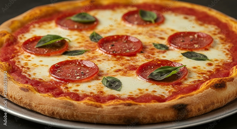 Overhead close-up of a pepperoni pizza with cheese, tomato sauce, and basil on a metal tray, capturing a delicious and inviting meal. Overhead close-up of a pepperoni pizza with cheese, tomato sauce, and basil on a metal tray, capturing a delicious and inviting meal.