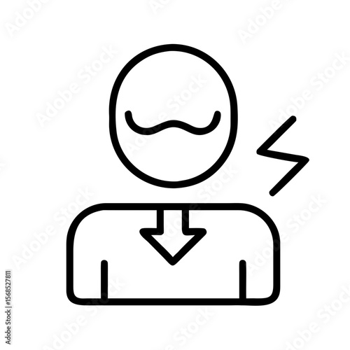 Line art illustration of a man feeling unwell with downward arrow  