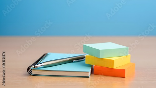 Stock photo of blue notebook with pen and colorful sticky notes on wooden surface