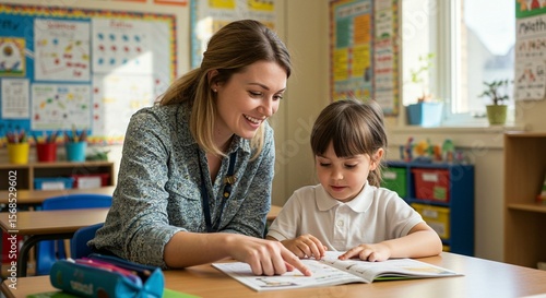 Teacher helps young student reading a book in a classroom, pointing to the page while the child looks at the words.