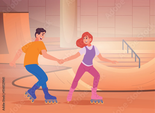 Rollers skaters. happy couple riding in skate park